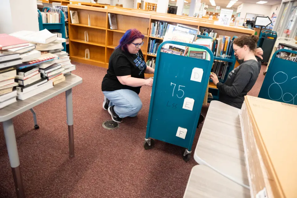 Library workers review books.