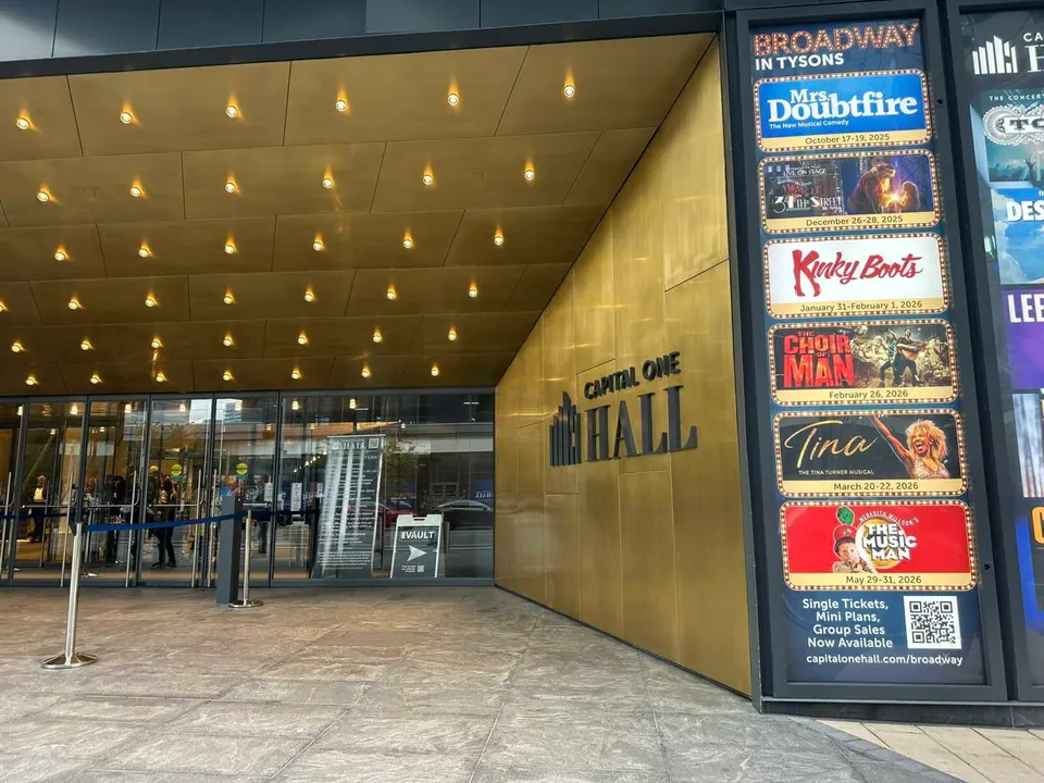 Entrance to Capital One Hall with the 2025-2026 Broadway in Tysons lineup (staff photo by Angela Woolsey)