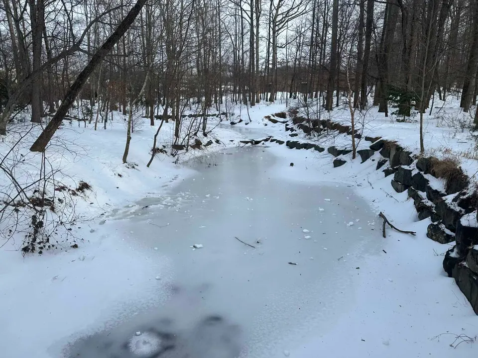 Ice remains frozen over Wolftrap Creek in Vienna after an extremely cold winter week (staff photo by Angela Woolsey)