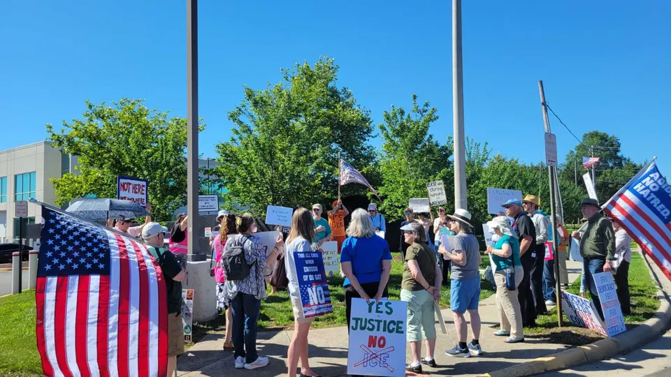 A group of people gathers outside the ICE facility in Chantilly on May 31, 2026 (staff photo by Mary Stachyra Lopez)