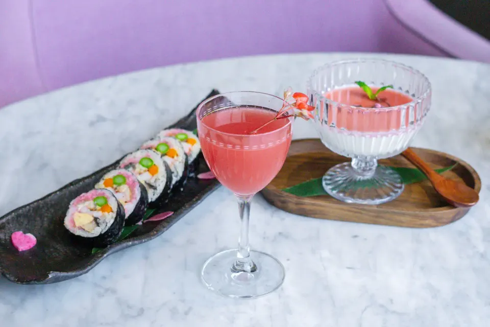 Wren’s cherry blossom options, including the Futomaki sushi roll, Sakura Milk Pudding and Yoshino specialty cocktail (photo courtesy of Wren)