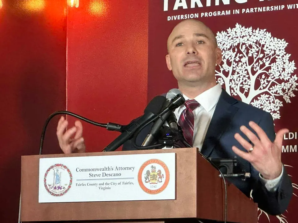Fairfax County Commonwealth’s Attorney Steve Descano at a press conference to launch a diversion program in Fairfax City in January 2024 (staff photo by Angela Woolsey)