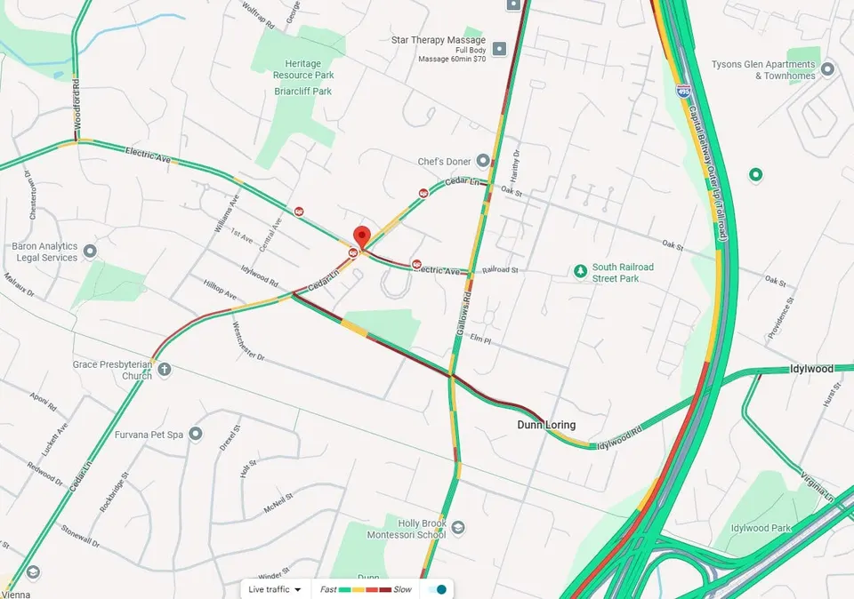 Cedar Lane is closed at Electric Avenue in Dunn Loring after a crash involving an e-bike and a vehicle (via Google Maps)