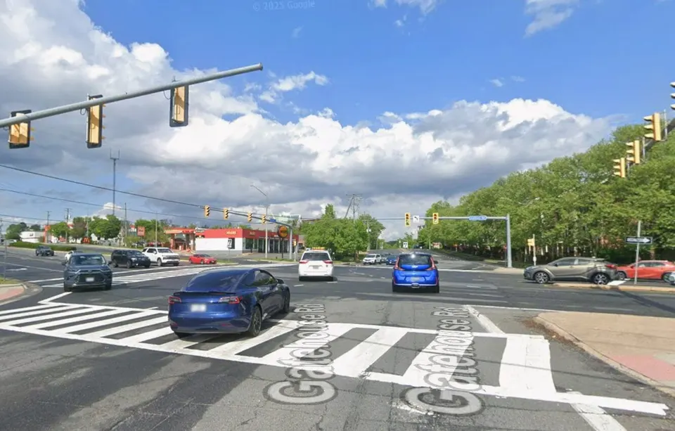 Facing east on Gatehouse Road at Gallows Road in Merrifield (via Google Maps)
