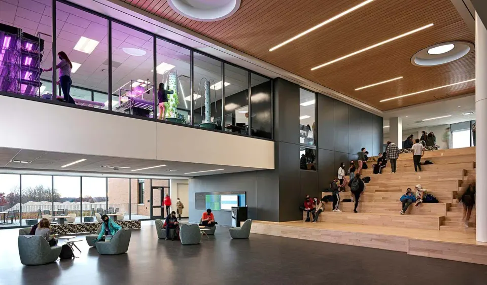 Interior, Meridian High School, a "premier International Baccalaureate public school," City of Falls Church. Courtesy Stantec.com.