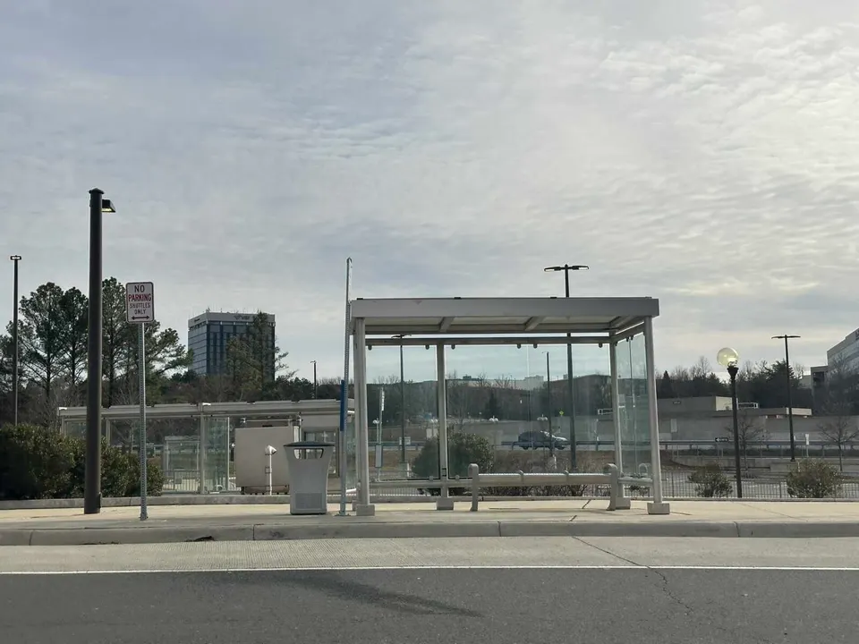 A bus shelter on Sunset Hills Road near the Reston Town Center Metro station (staff photo by Angela Woolsey)
