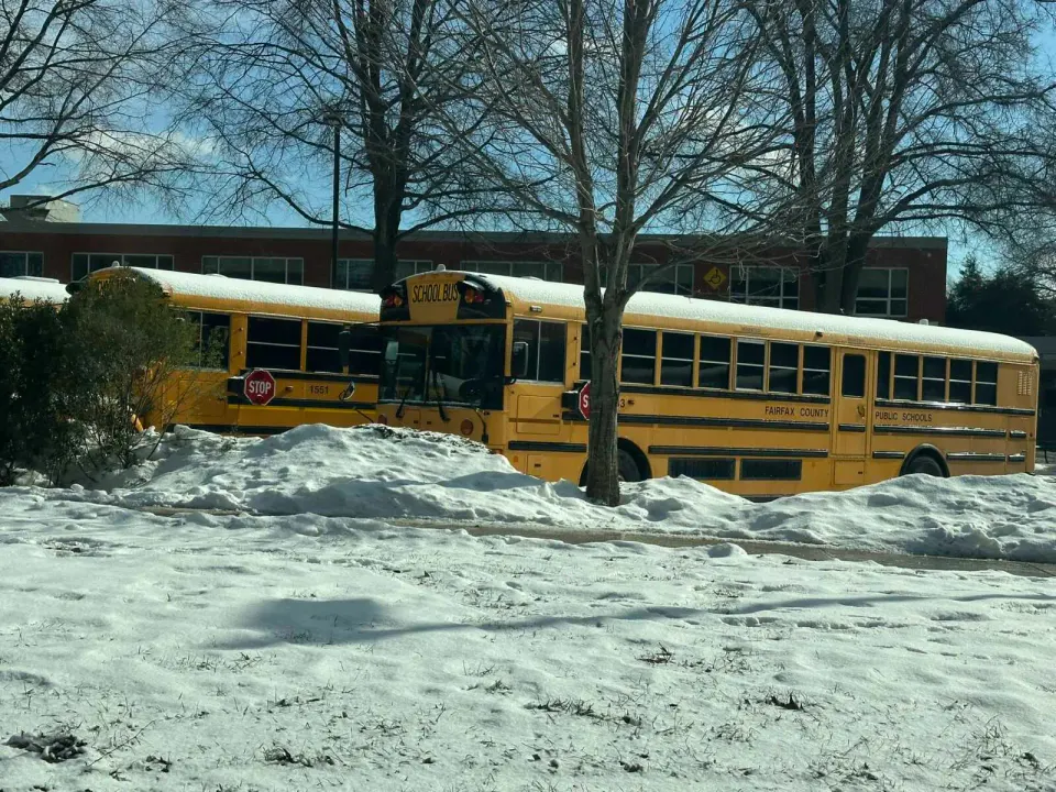 Fairfax County school buses lined up with snow (staff photo by Angela Woolsey)
