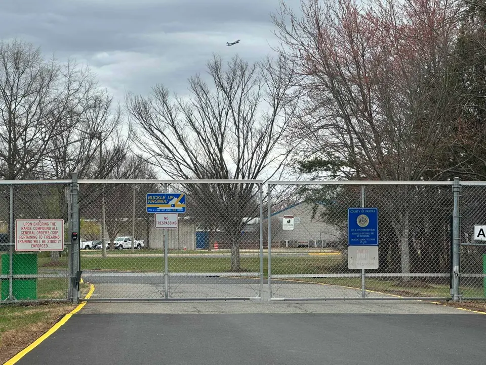 Security gate blocks access to the Fairfax County Police Department’s training compound in Chantilly (staff photo by Angela Woolsey)