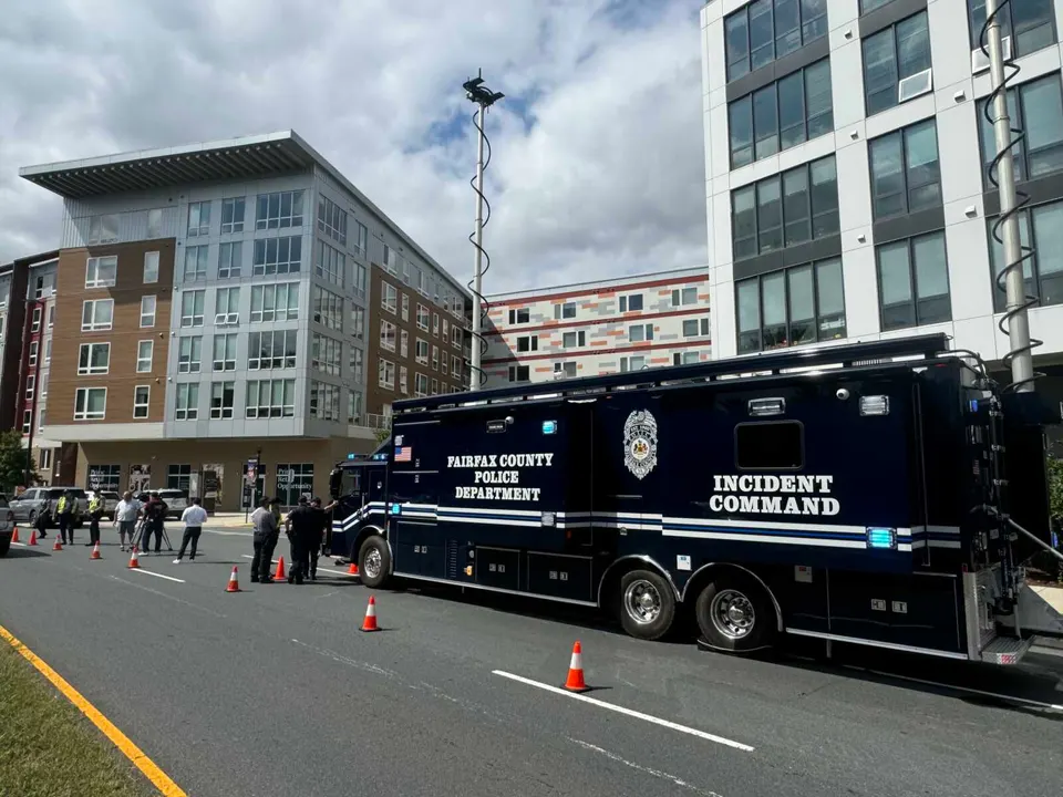 The Fairfax County Police Department investigating an officer’s fatal shooting of a woman at the VY Reston Heights apartments on Sept. 16, 2024 (staff photo by James Cullum)