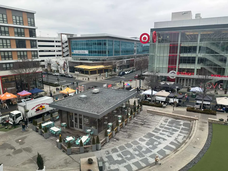 Aerial view of the Strawberry Lane and District Avenue corner at the Mosaic District in Merrifield (staff photo by Angela Woolsey)