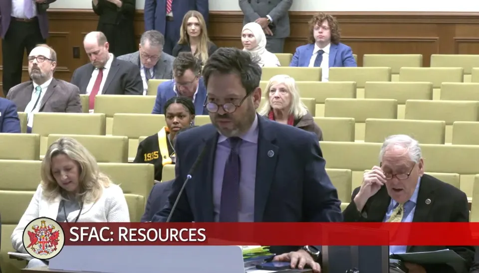 Senate Majority Leader Scott Surovell presents his Fairfax County casino bill to the Senate Finance and Appropriations resources subcommittee on Feb. 10, 2026 (via Senate of...