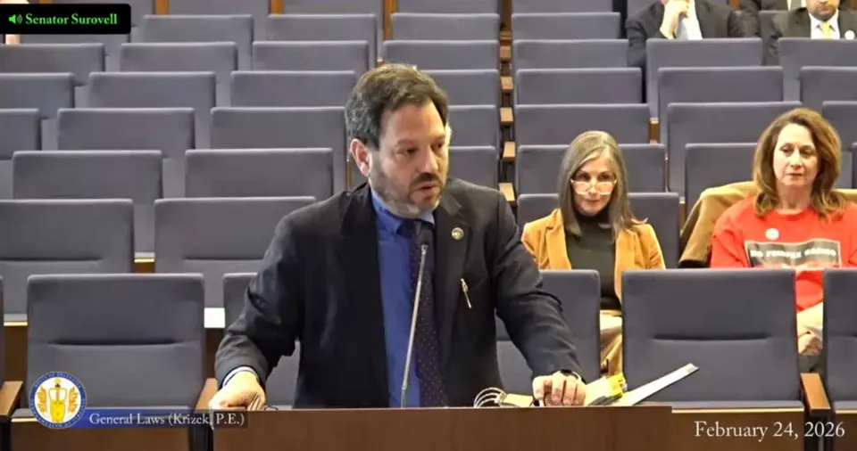 Senate Majority Leader Scott Surovell presents his Fairfax County casino bill to the House General Laws Committee on Feb. 24, 2026 (via Virginia House of Delegates)