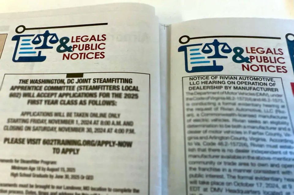 Legal notices in the final edition of the GazetteLeader (staff photo)