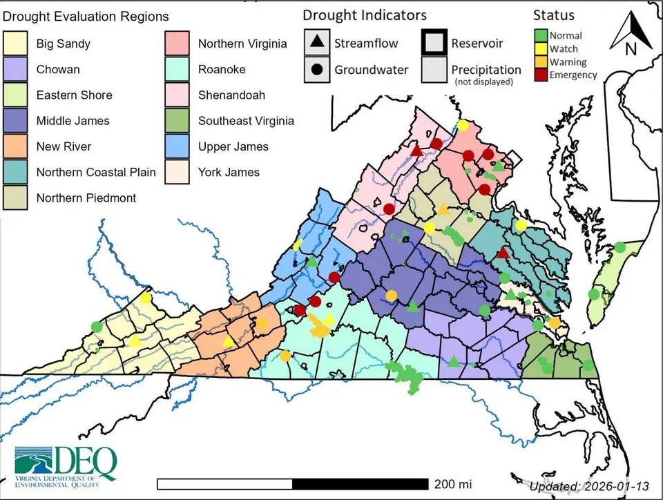 Virginia drought indicators, as of Jan. 13, 2026 (via Virginia Department of Environmental Quality)