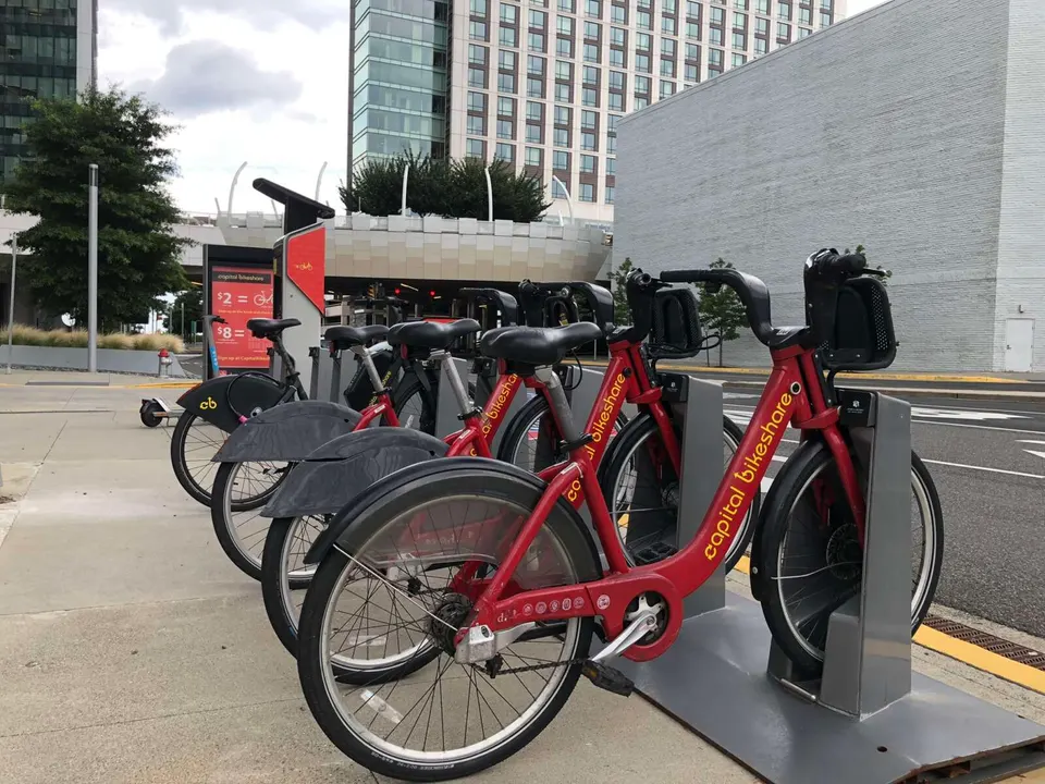 A Capital Bikeshare station outside Tysons Corner Center (staff photo by Angela Woolsey)