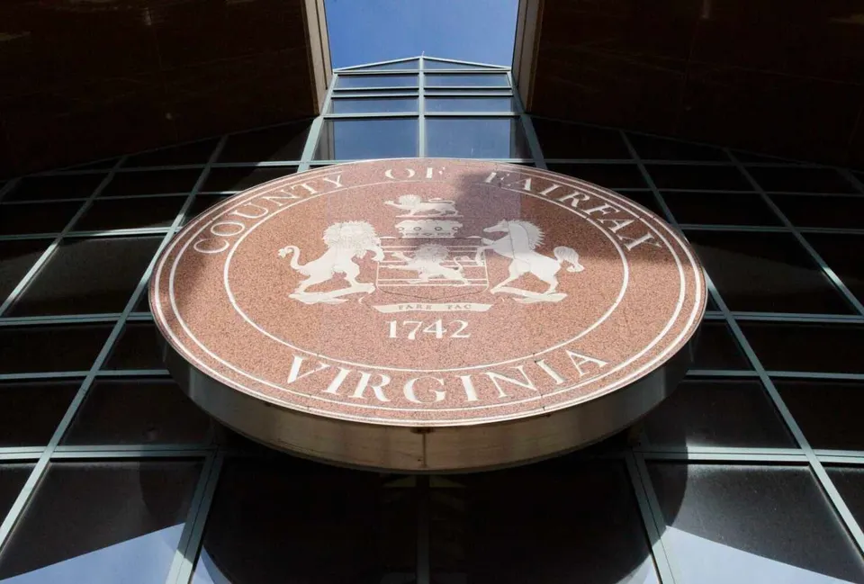 The Fairfax County seal at the Fairfax County Government Center (staff photo by James Cullum)