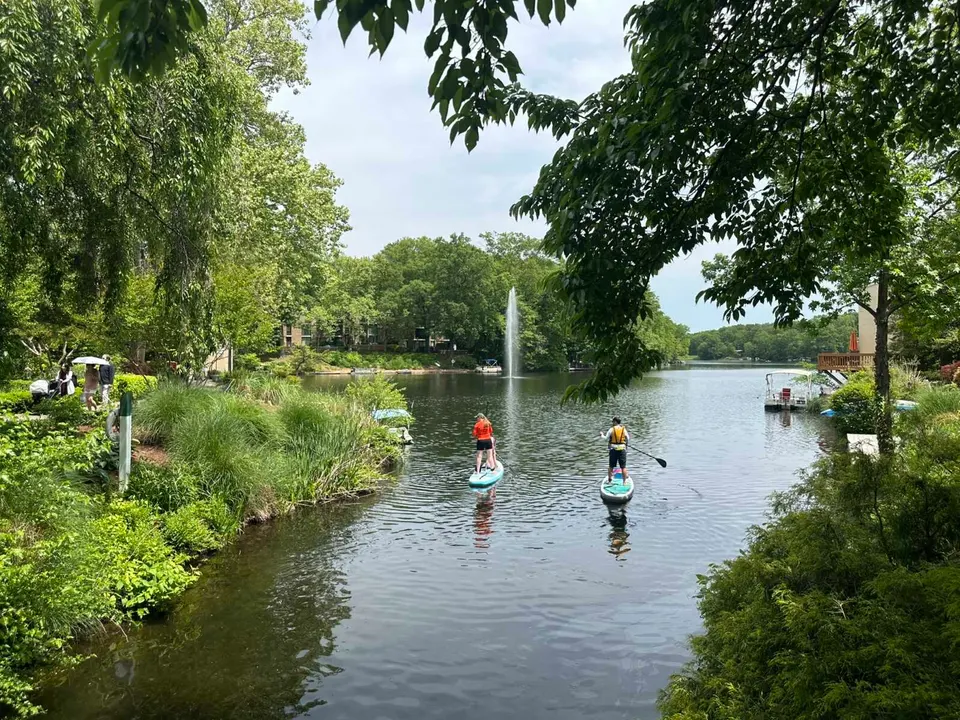 Paddleboarders coast toward the fountain at Lake Anne in Reston (staff photo by Angela Woolsey)