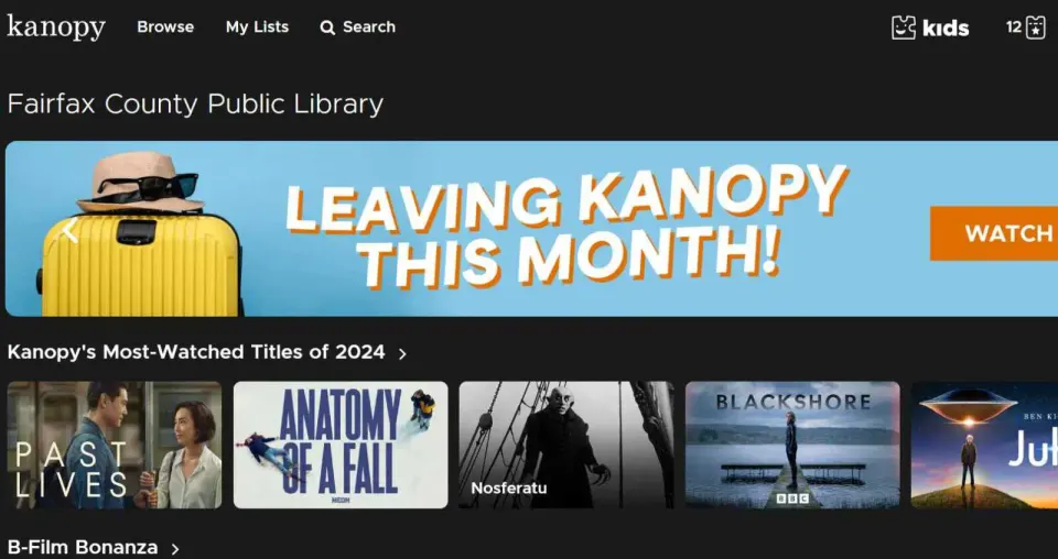 A screenshot of Kanopy’s homepage for Fairfax County Public Library users (via Kanopy)