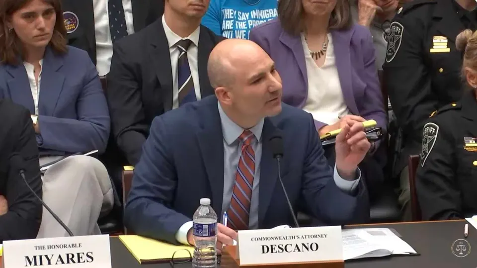 Fairfax County Commonwealth’s Attorney Steve Descano testifies during a congressional hearing May 14. (Screenshot via YouTube)