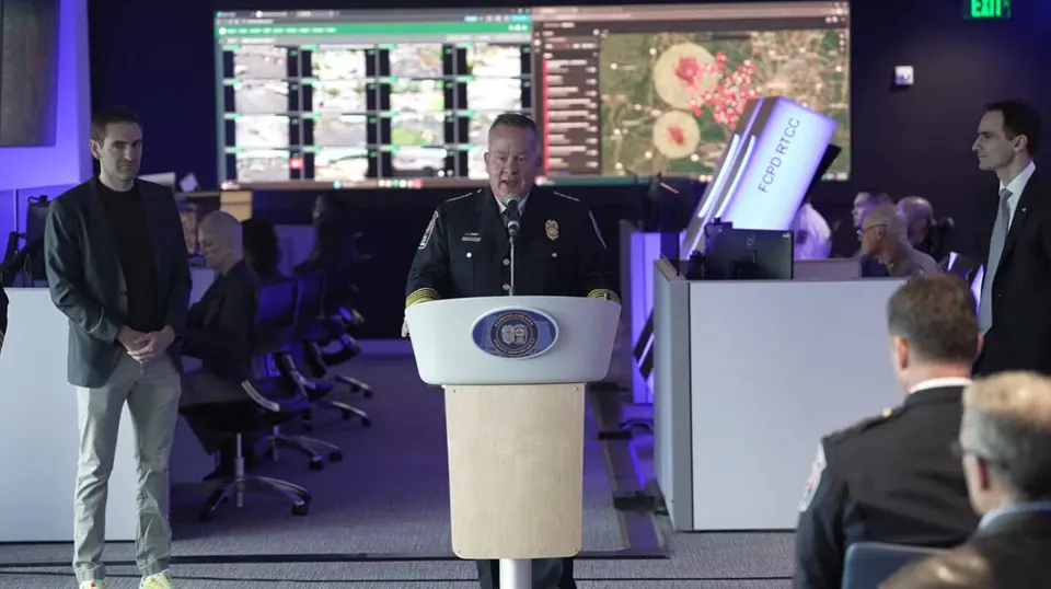 Fairfax County Police Chief Kevin Davis answers questions at a press conference in his department’s Real Time Crime Center with Skydio (via Skydio/YouTube)