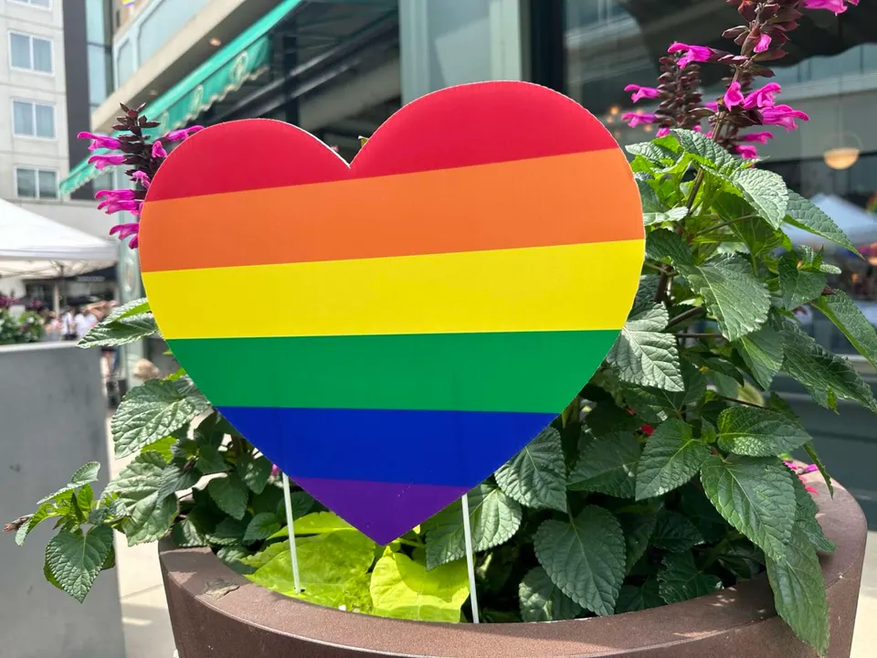 A heart decorated with rainbow colors for Pride Month in 2024 (staff photo by Angela Woolsey)