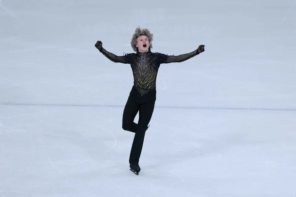 Ilia Malinin of the United States competes during the figure skating men’s team event at the 2026 Winter Olympics, in Milan, Italy, Sunday, Feb. 8, 2026. (AP Photo/Natacha...