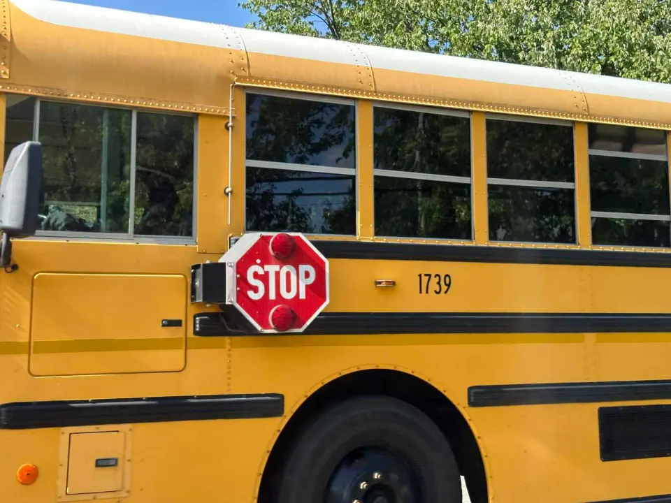 The stop arm on a Fairfax County school bus (staff photo by Angela Woolsey)