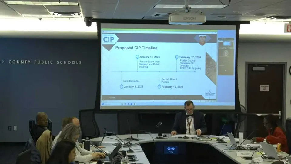 Fairfax County Public Schools facility services and capital programs chief Erik Gordon wraps up presentation on proposed FY 2027-2031 capital improvement program to the school...