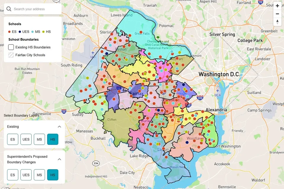 New Fairfax County Public Schools high school boundaries, as shown in an updated boundary explorer tool (via FCPS)
