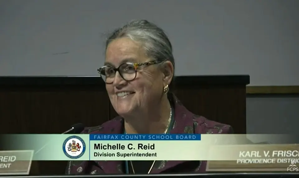 Fairfax County Public Schools Superintendent Michelle Reid speaks at a public hearing on her school redistricting recommendations and proposed Fiscal Year 2027-2031 capital...