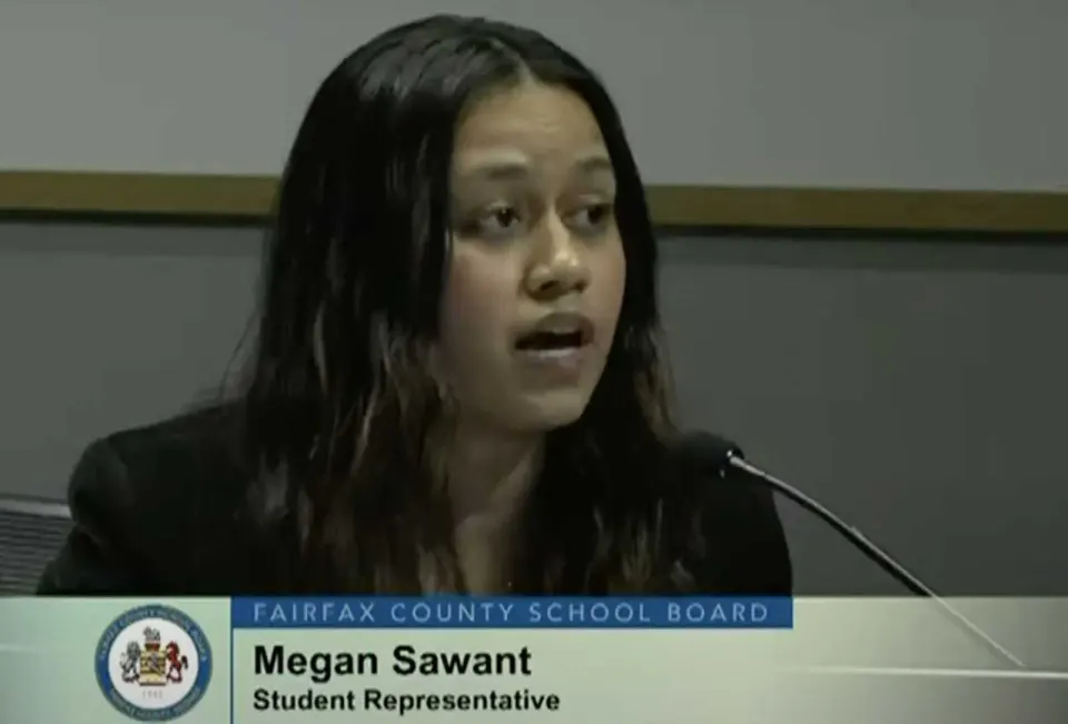 Fairfax County School Board student representative Megan Sawant speaks during a board meeting on Dec. 5, 2024 (via FCPS)