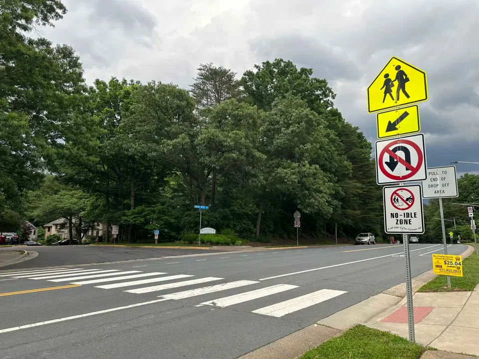 A crossing on Ridge Heights Road outside Langston Hughes Middle School in Reston (staff photo by Angela Woolsey)