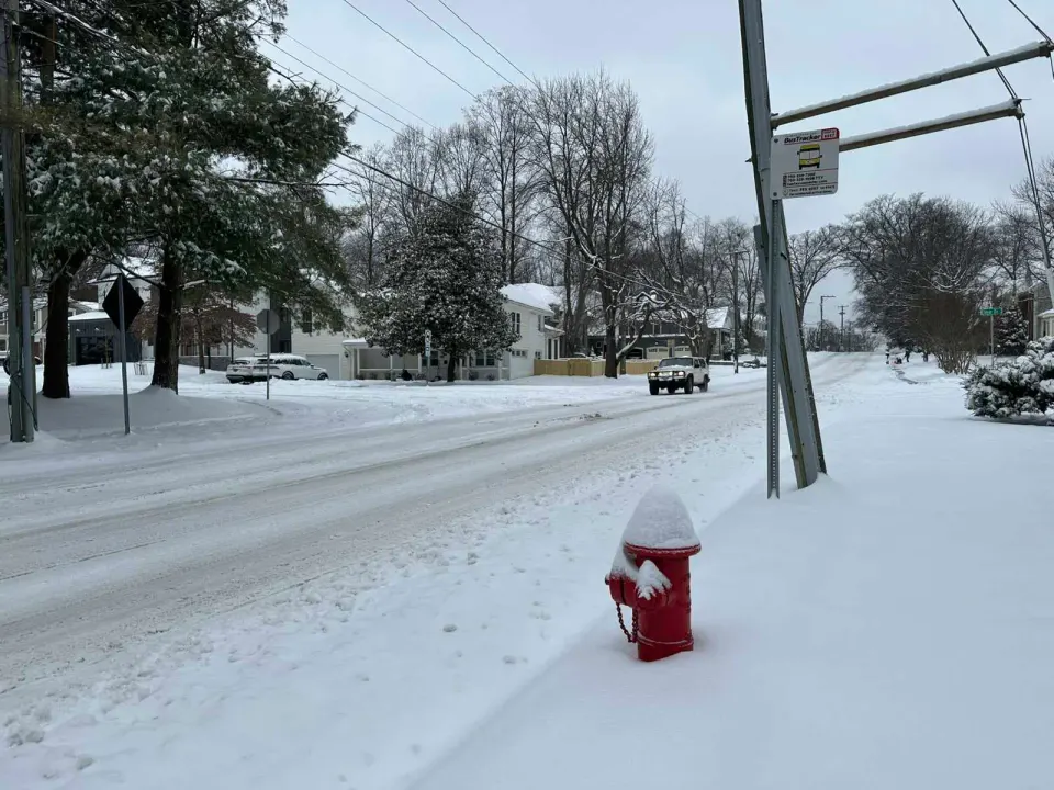 Snow covers a fire hydrant on Park Street in Vienna (staff photo by Angela Woolsey)