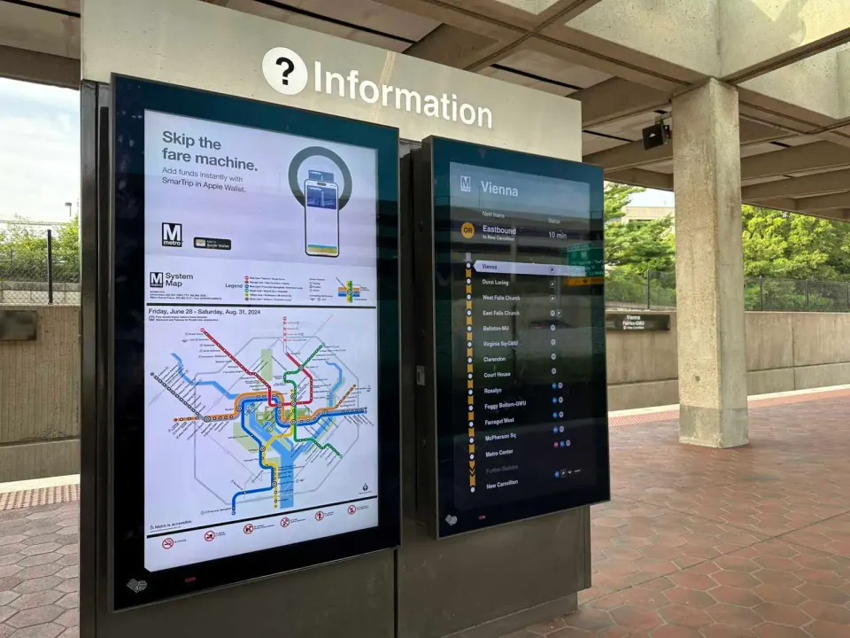 Electronic display shows a system map at the Vienna Metro station (staff photo by Angela Woolsey)