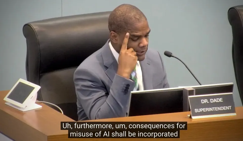 FCCPS School Superintendent Dr. Terry J. Dade crafting language at the June 9 FCC School Board meeting on AI Policy. YouTube screen capture.