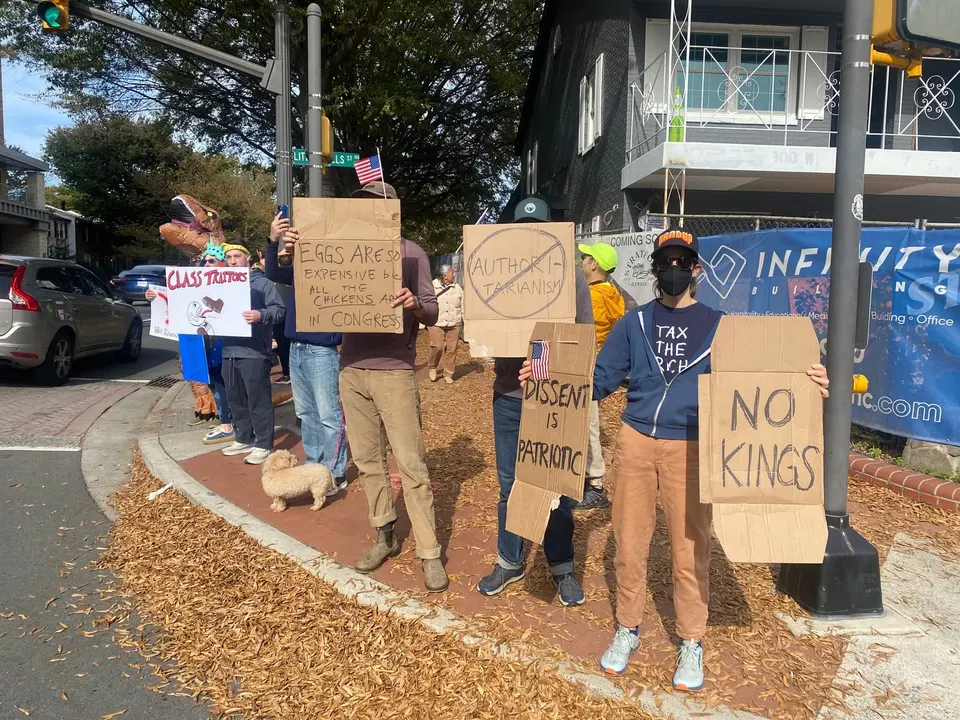 No Kings protesters in downtown Falls Church City, Oct. 18, 2025. Photo by Chris Jones.