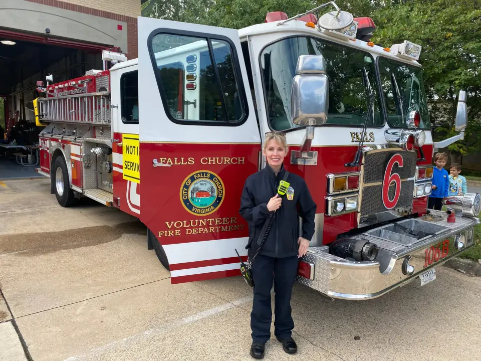 Meet the Chief at Open House! Falls Church Volunteer Fire Department's first female Chief, retired Army Blackhawk helicopter pilot, Kelly Brown. Photo by Chris Jones.