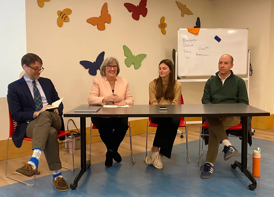 Panel members (left-to-right): SEGL Head Noah Bopp, Council Member MaryBeth Connelly, Meridian Senior Cailyn Murphy, and TOK Teacher Jared Peet. Photo by Chris Jones.