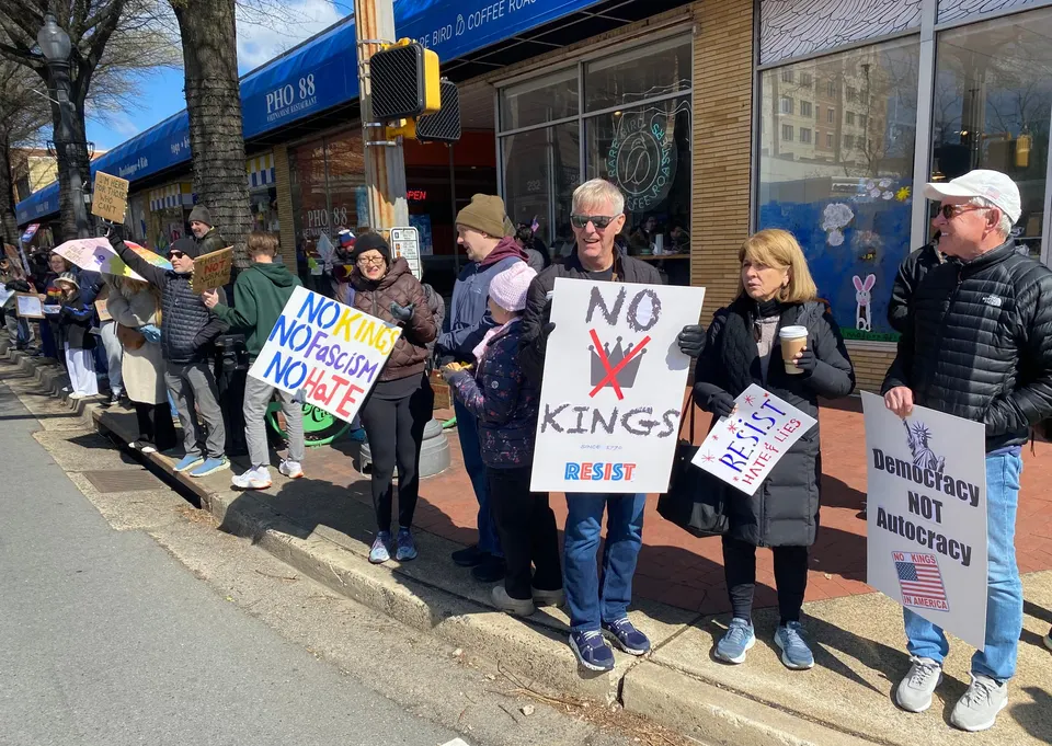 "In Falls Church City, Falls Church Indivisible and Democracy Falls Church sponsored Saturday’s No Kings III rally, called “Hands Across Falls Church.” Photo by Chris Jones.