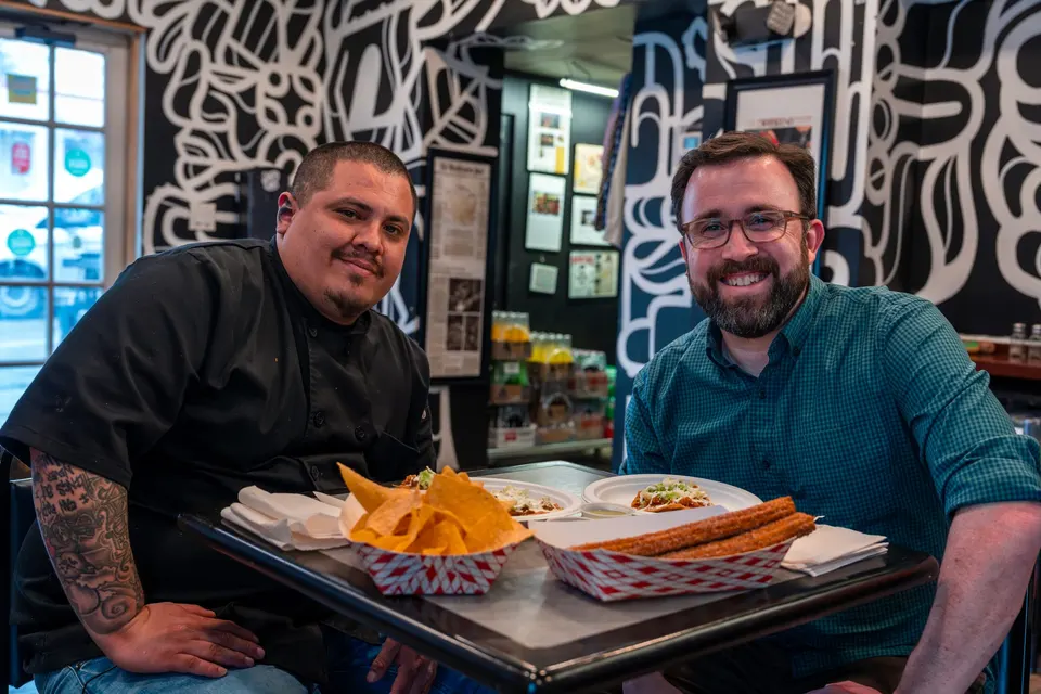 Left: Chef David Peña, owner of La Tingeria in Falls Church City. Right: Signature Dish host Seth Tillman. Courtesy WETA.