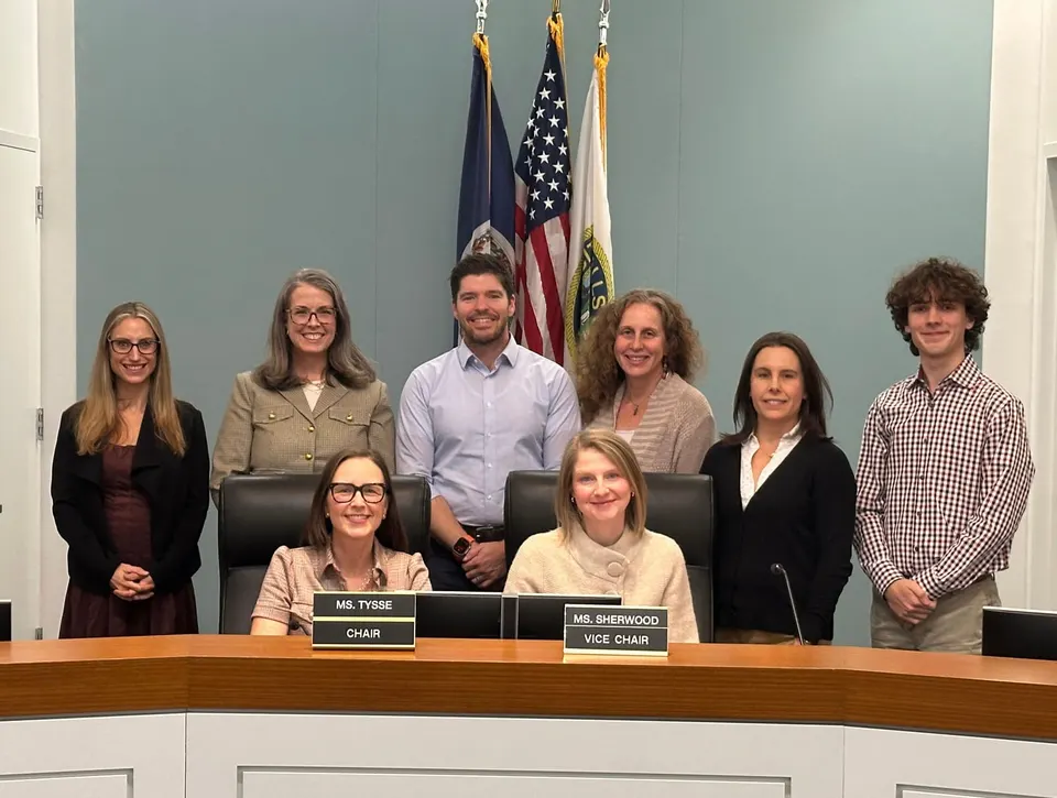 Falls Church City School Board. (Front row, left-to-right): Chair Kathleen Tysse, Vice Chair Anne Sherwood. (Back row, left-to-right): Lori Silverman, MaryKate "MK" Hughes, Dr....