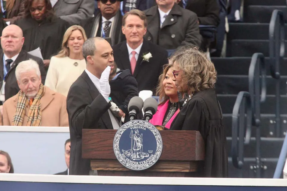 Jay Jones is sworn in as Virginia Attorney General by Lyn M. Simmons, chief judge of the Norfolk Juvenile and Domestic Relations District Court, on Jan. 17, 2026 (staff photo...