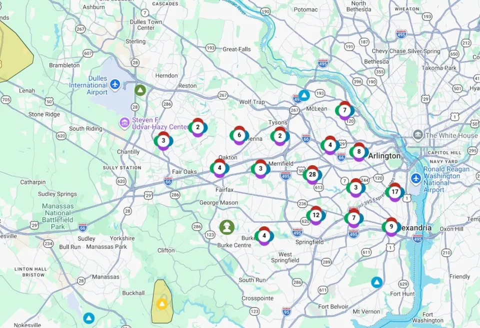 Storm-related power outages in Fairfax County around 7:50 p.m. on June 12, 2026 (via Dominion Energy)