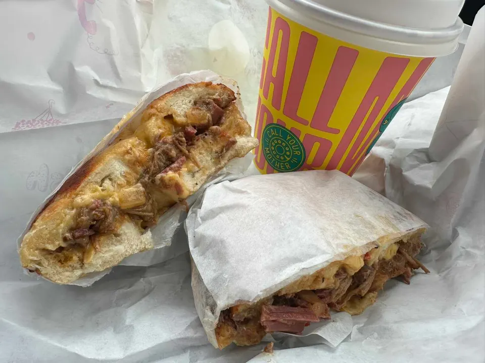 A jetski bagel sandwich with a drink from Call Your Mother (staff photo by Angela Woolsey)