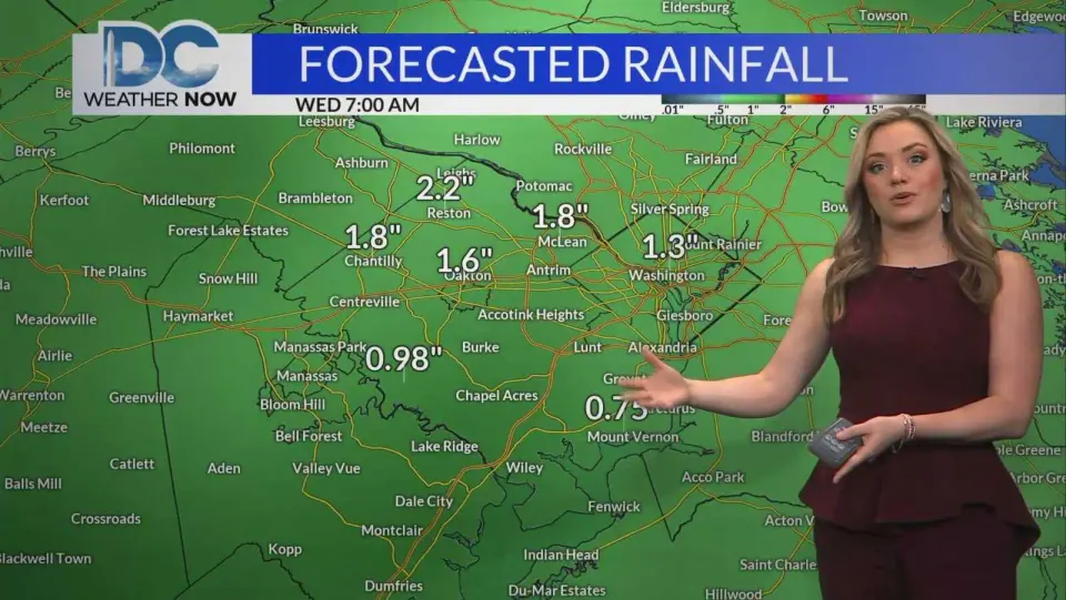 DC News Now meteorologist Jackie Layer shares predicted rain totals in Fairfax County from storms expected on July 1, 2025 (courtesy DC News Now)
