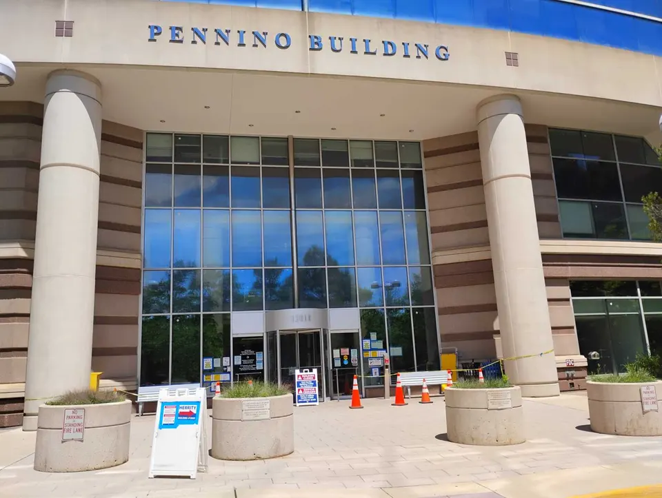 Fairfax County’s Pennino Building has been closed since early February 2026 due to flooding repairs (staff photo by Scott McCaffrey)