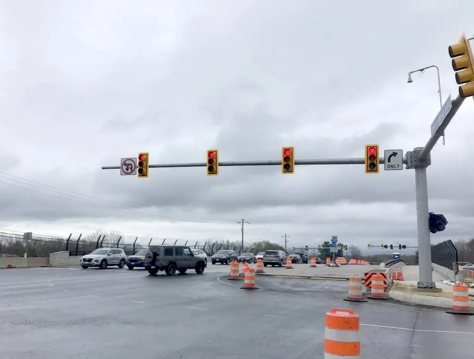 Construction barrels on the Georgetown Pike bridge over I-495 in McLean (courtesy VDOT)