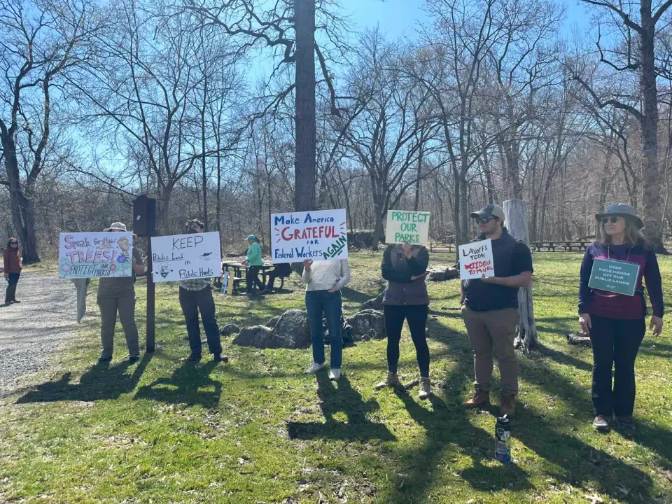 Community members express support for national parks and their workers at a Resistance Rangers rally on March 22, 2025 at Great Falls Park (staff photo by Angela Woolsey)