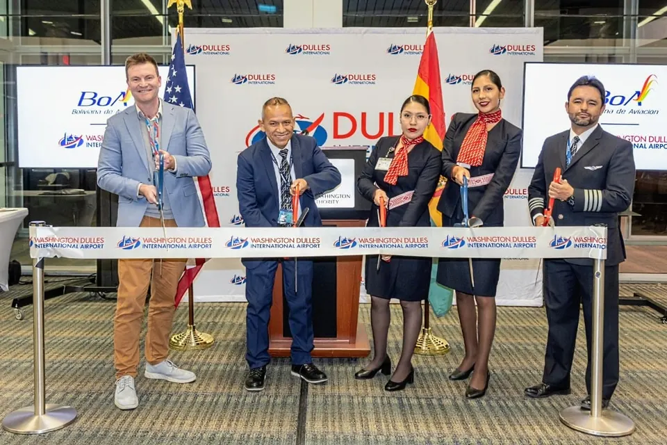 Ribbon-cutting at first Boliviana flight at Washington Dulles International Airport (via MWAA)