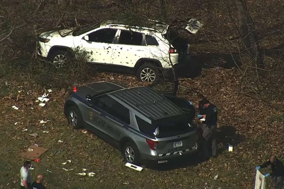 The bullet-riddled SUV involved in the police chase and shootout on April 5, 2023. (Courtesy Chopper4Brad)